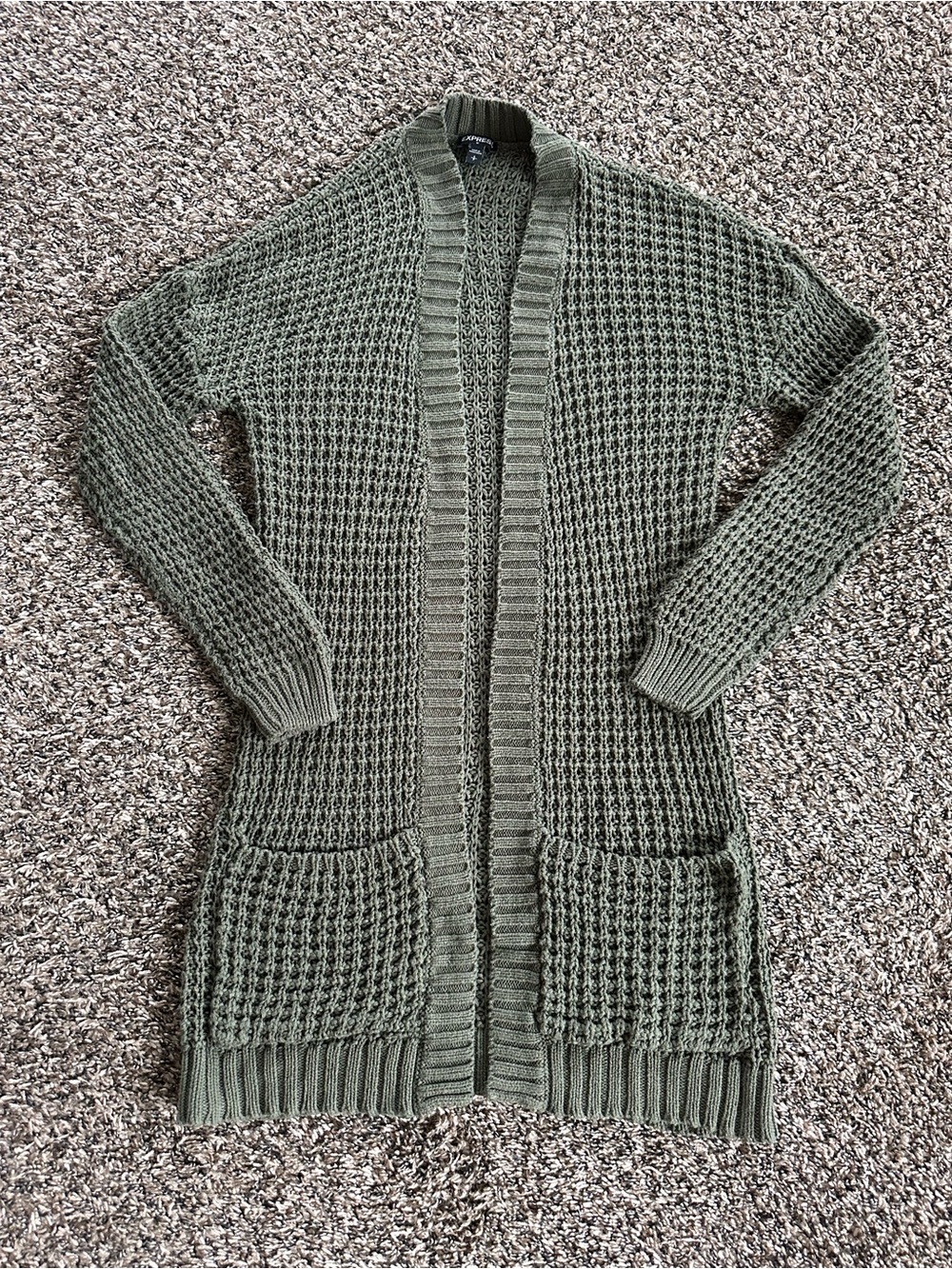 Express Women’s Olive Open-Front Waffle Knit Long Cardigan Sweater size small